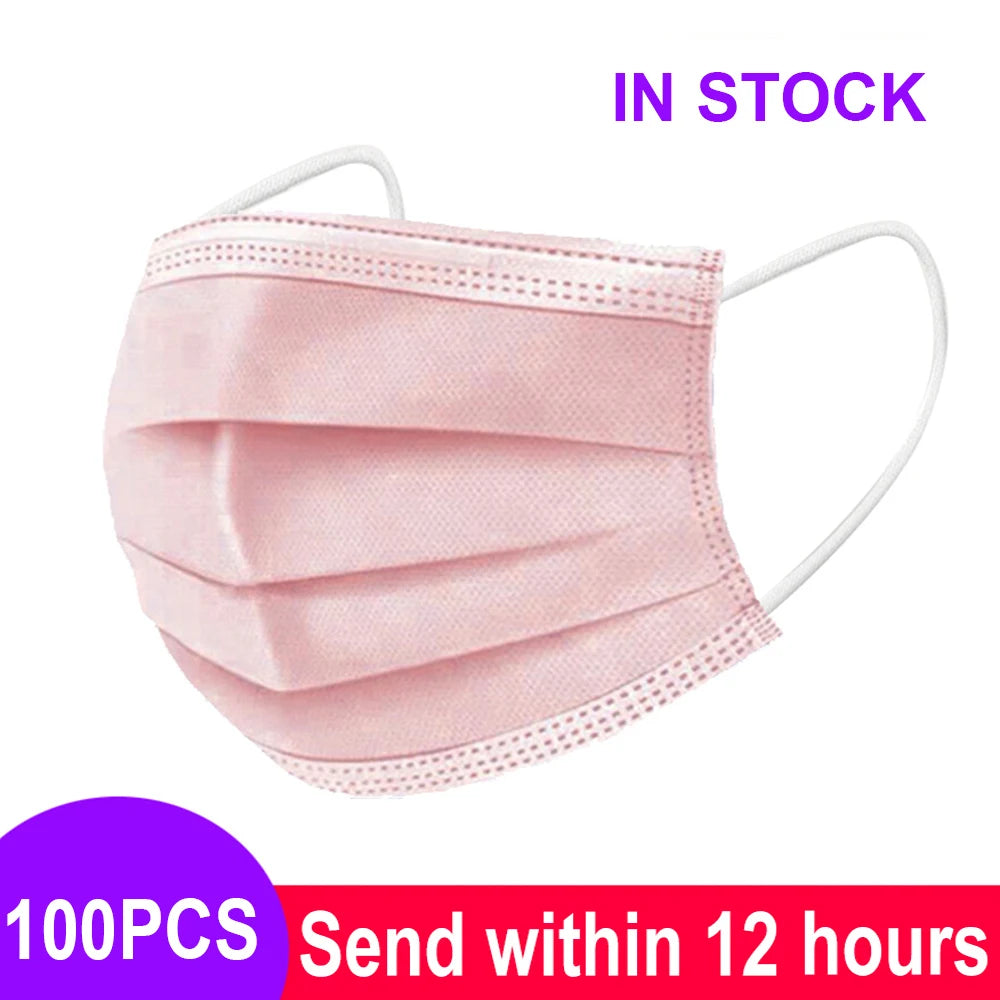 Disposable 3-layer pink non-woven anti-dust mouth mask with meltblown fabric and soft white elastic ear loops.