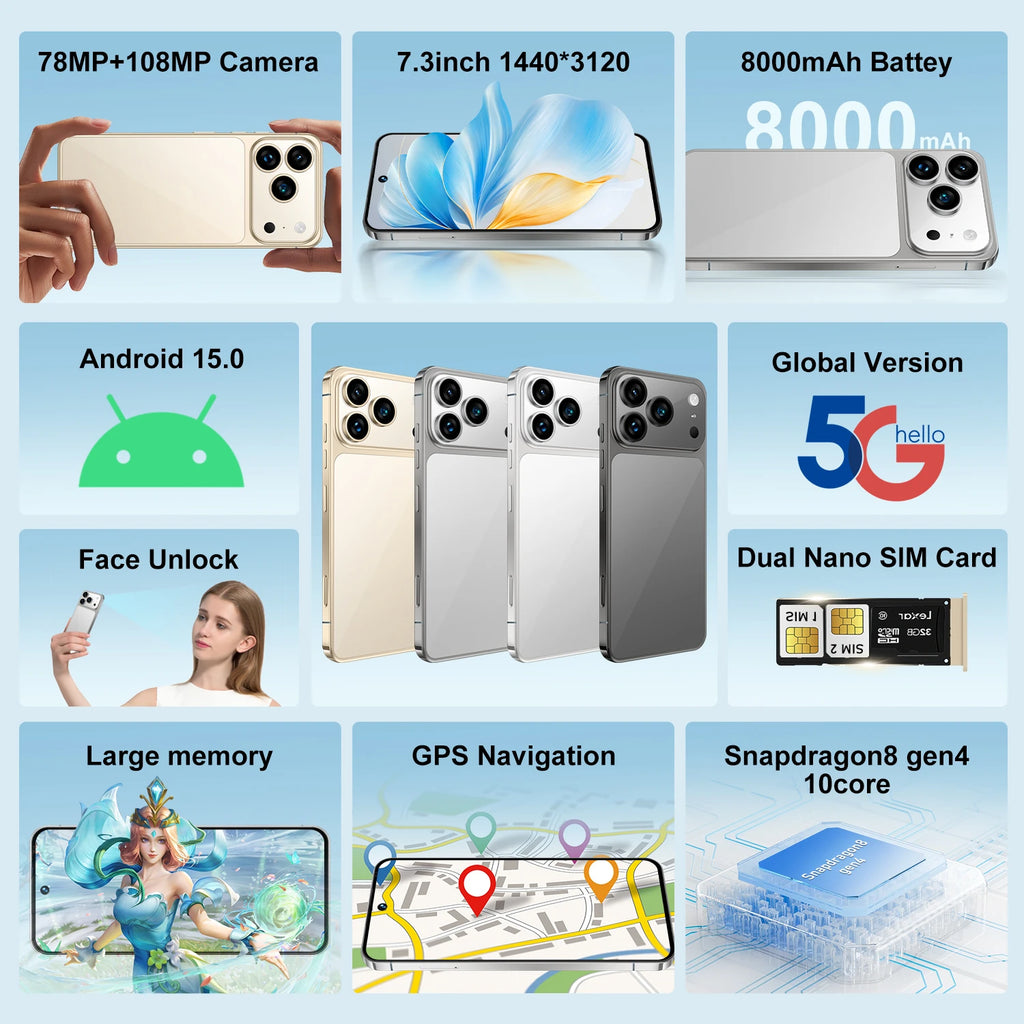 I17 17 Pro Max 5G smartphone with 7.3 inch display, 108MP camera, and 1TB storage in sleek design