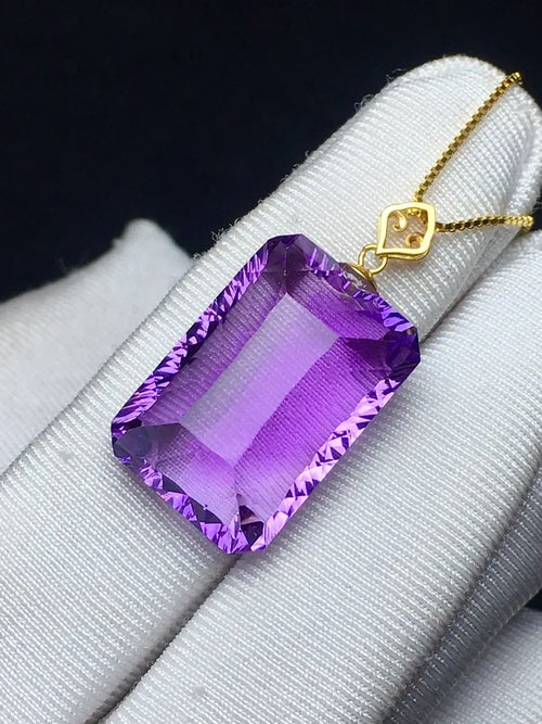 Purple amethyst pendant necklace, gold chain, rectangular faceted gemstone