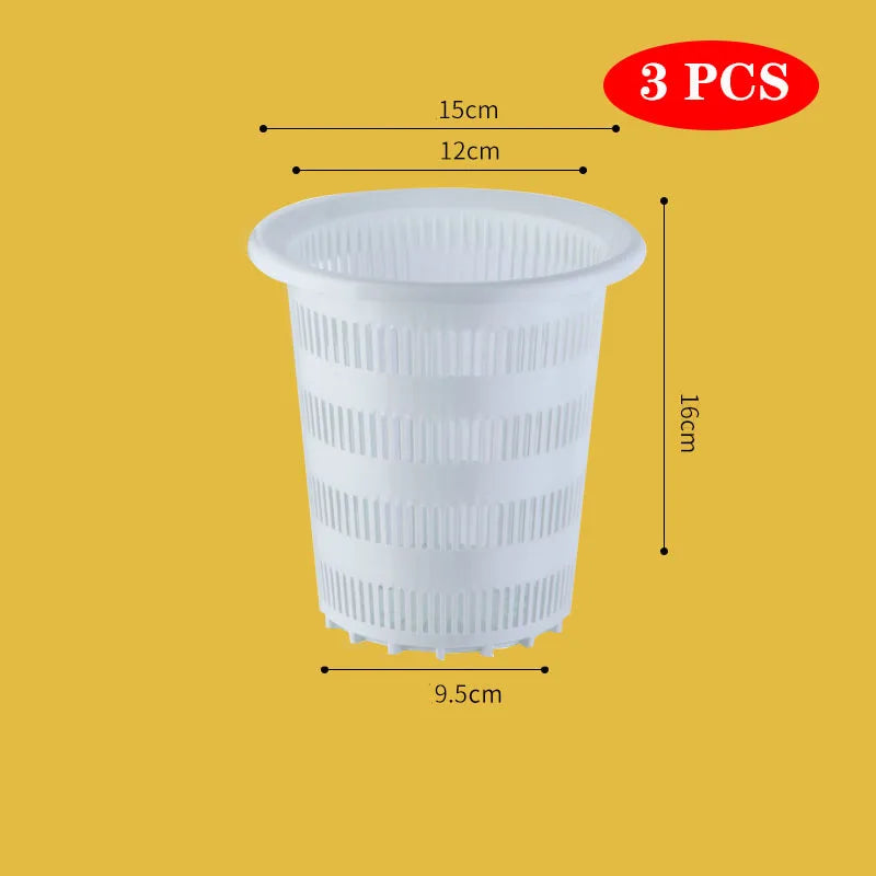 White plastic mesh hydroponics net cup, 3-pack, 9.5cm wide and 15cm tall