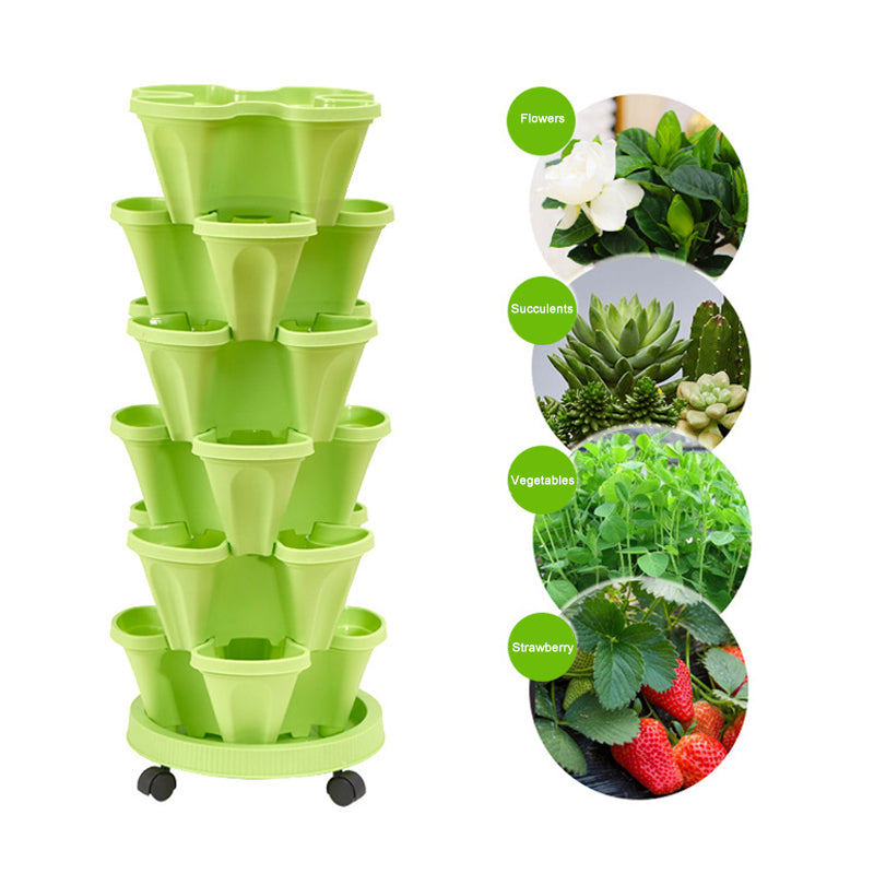 Stackable vertical flower pot planter tower, light green plastic tiers with rolling wheel base