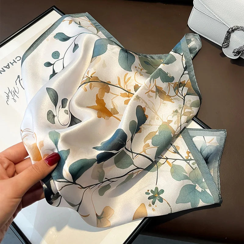 Women's Spring Autumn Mulberry Silk Square Scarf, Elegant Geometric Print, Soft & Smooth Neck Scarf