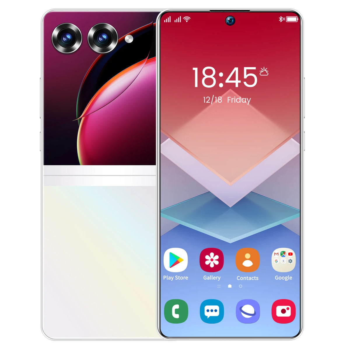 Unlocked smartphone with triple rear cameras and red front display