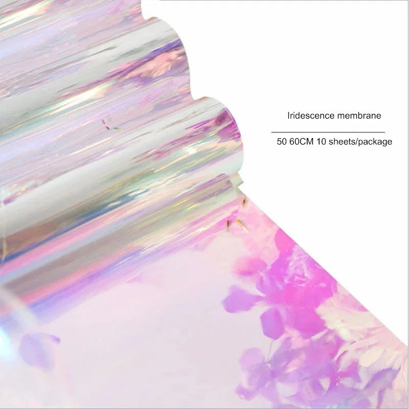 Iridescent rainbow PVC-coated wrapping sheet, close-up of glossy surface