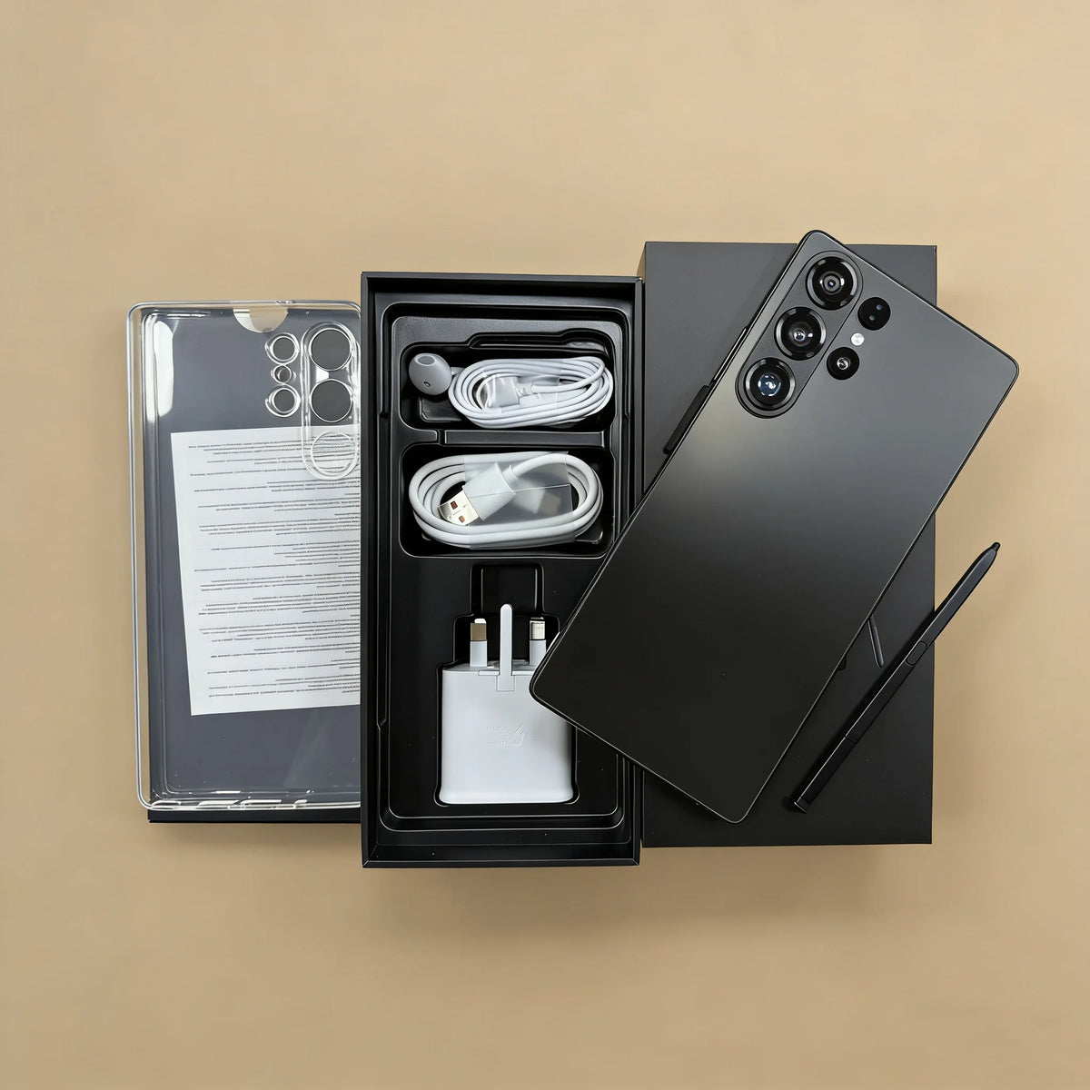S26 Ultra 5G smartphone with accessories in open box, dark back and charging cable