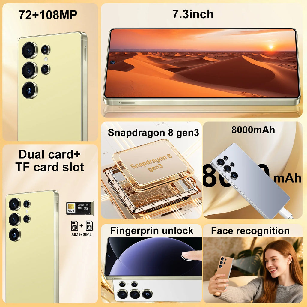 Tidesmit S26 Ultra 5G smartphone with 7.3-inch HD screen 16GB RAM 1TB storage and 108MP camera in Spanish language
