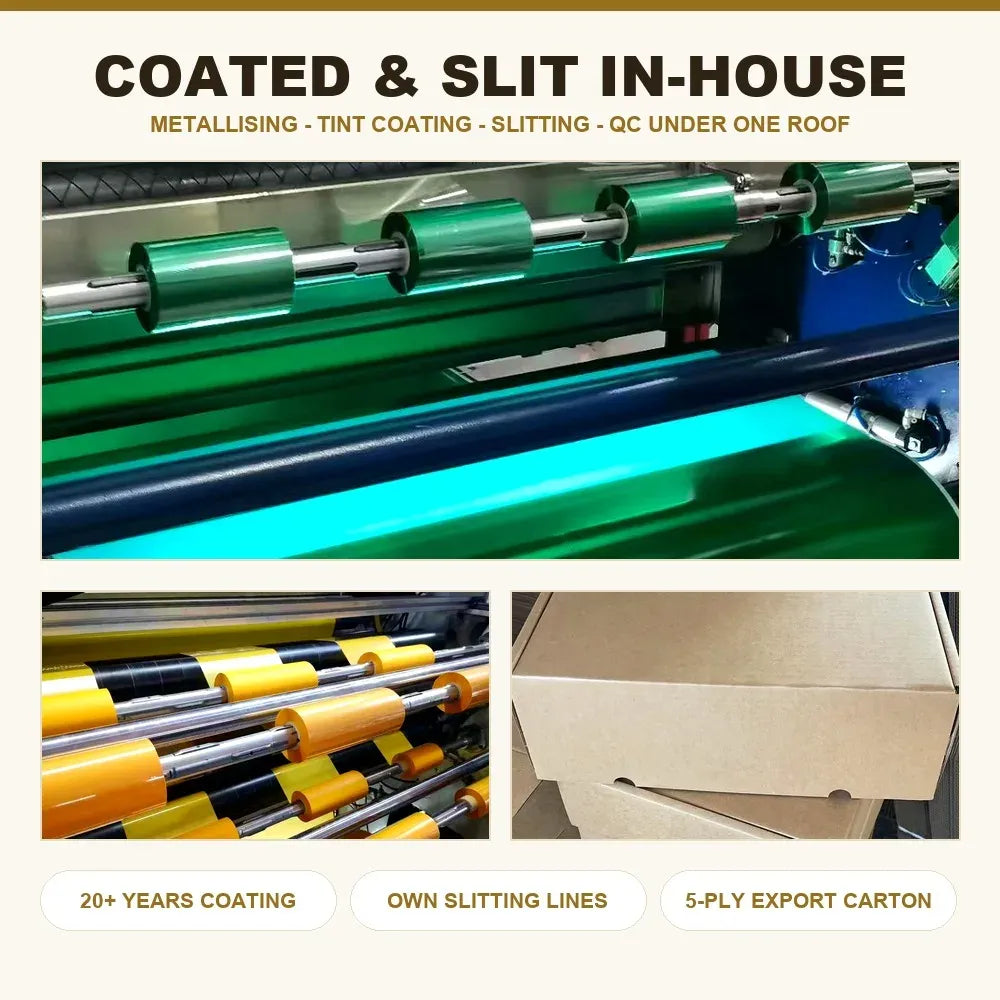 Foil ribbon coating and slitting machine line producing metallic ribbon rolls