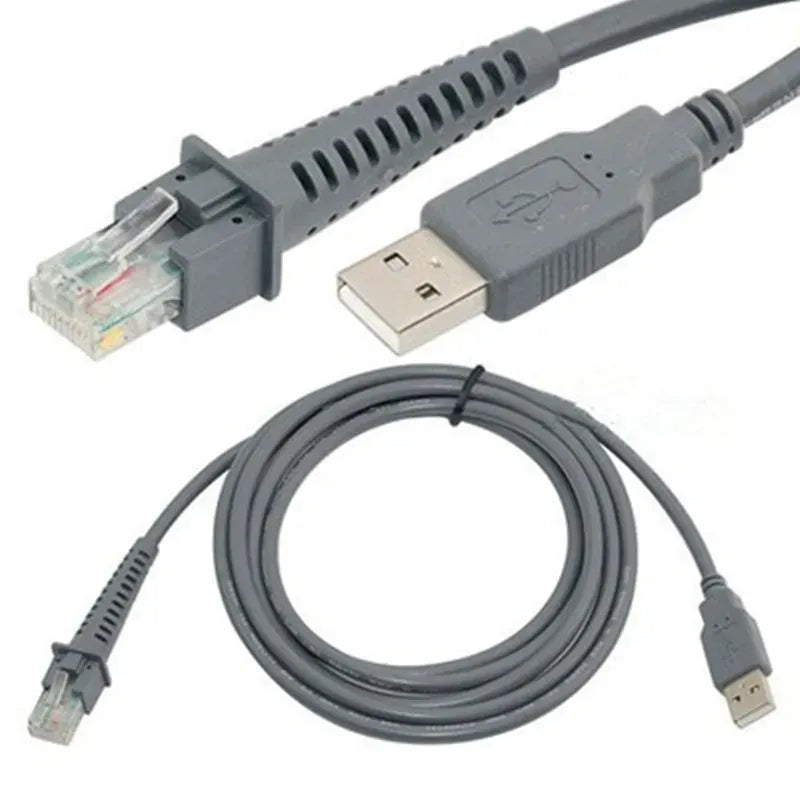 Barcode scanner USB cable with USB-A and RJ45 connectors, gray/black