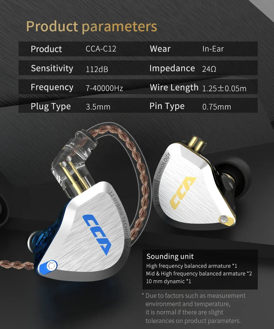 CCA C12 In-Ear Monitor Headphones - 12-Driver Hybrid HiFi by Tidesmit Tidesmit