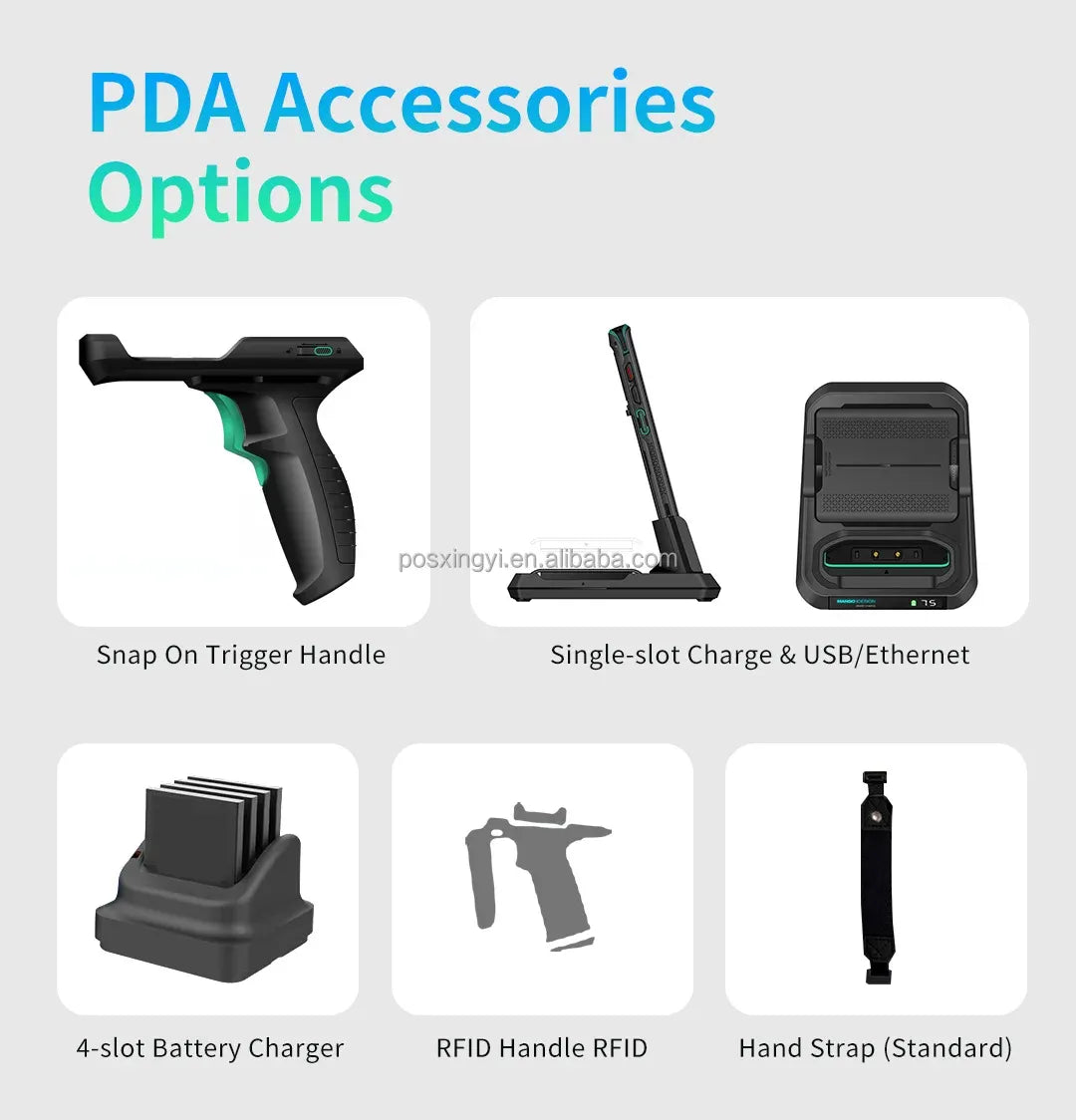 PDA accessories options: charging cradle, RFID handle, hand strap, and battery charger