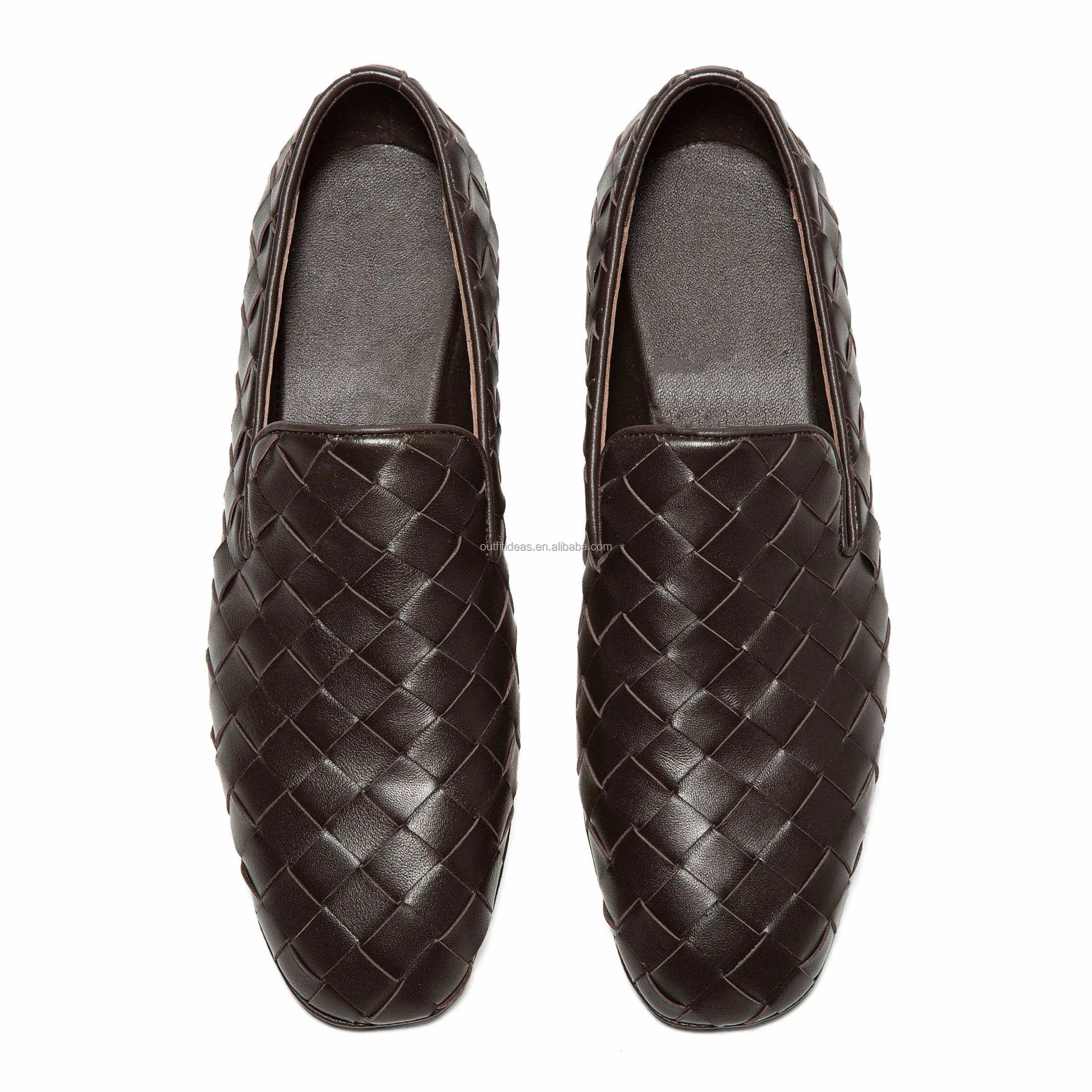 Large Size 47 Genuine Leather Intreccia Sunday Slippers Unisex Women Slip-on Dress Men Wedding Shoes Brown Men Leather Loafers