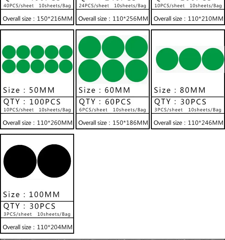 Green and black round dot sticker sheet samples labeled sizes 50mm to 100mm