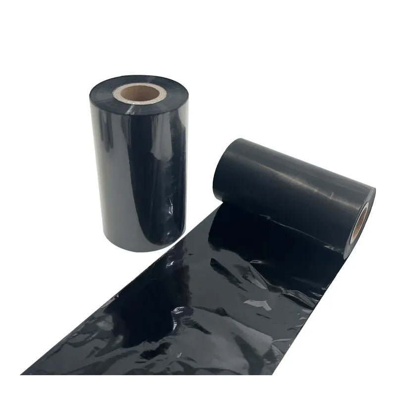 Black thermal transfer ink ribbon roll with glossy strip and two visible cores