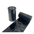 Black thermal transfer ribbon roll with shiny film and visible cardboard core