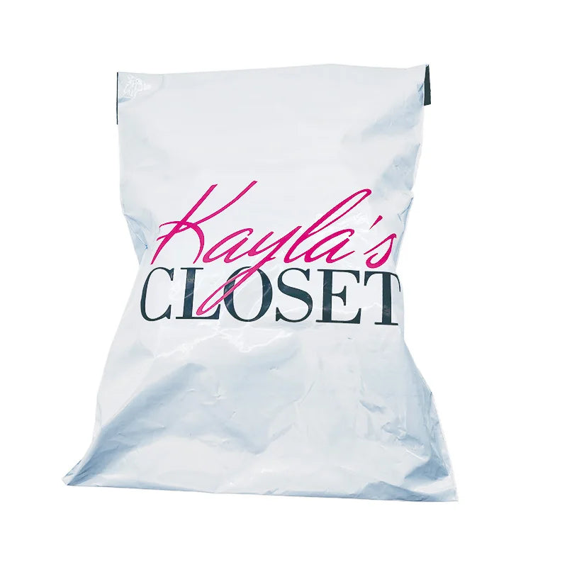 White plastic shipping bag with pink and black 'Kayla's CLOSET' print.