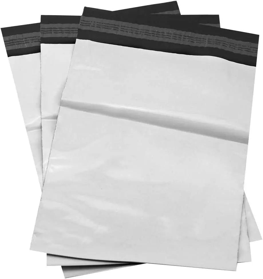 White poly mailer bags (pack), with dark top and side reinforcement strips