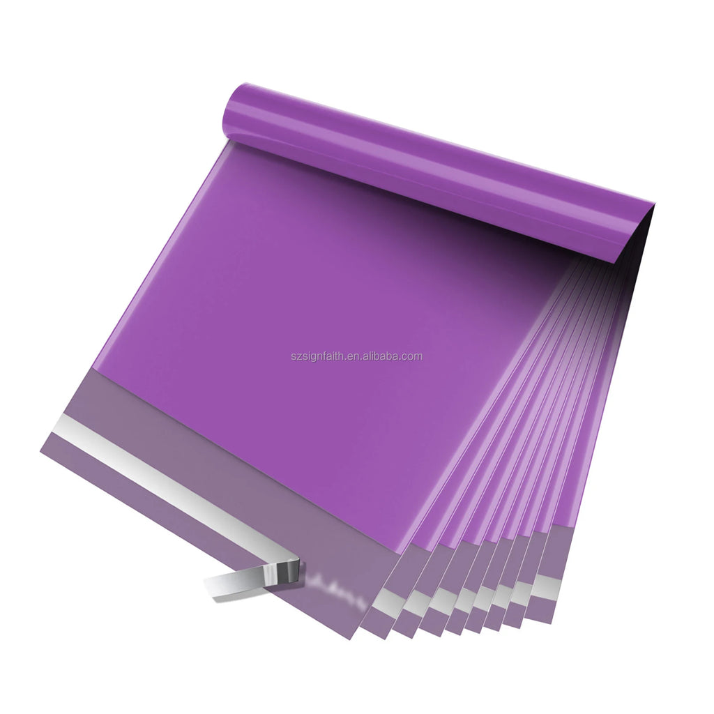 Purple poly mailer shipping envelope with open flap and sealed edges
