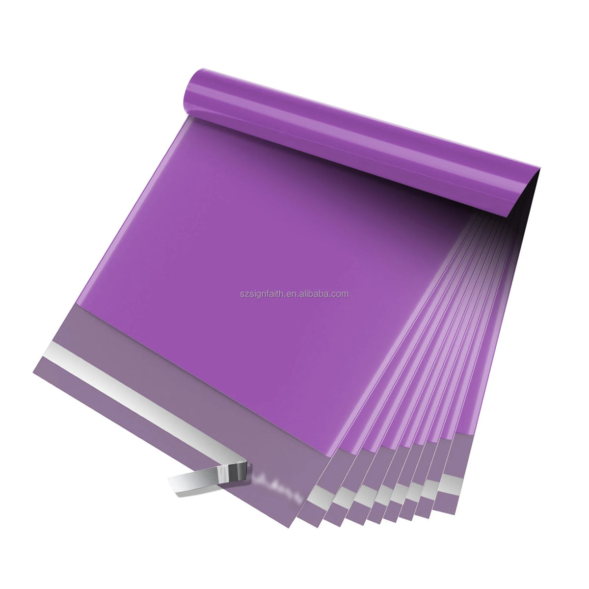 Purple poly mailer shipping envelope with open flap and sealed edges