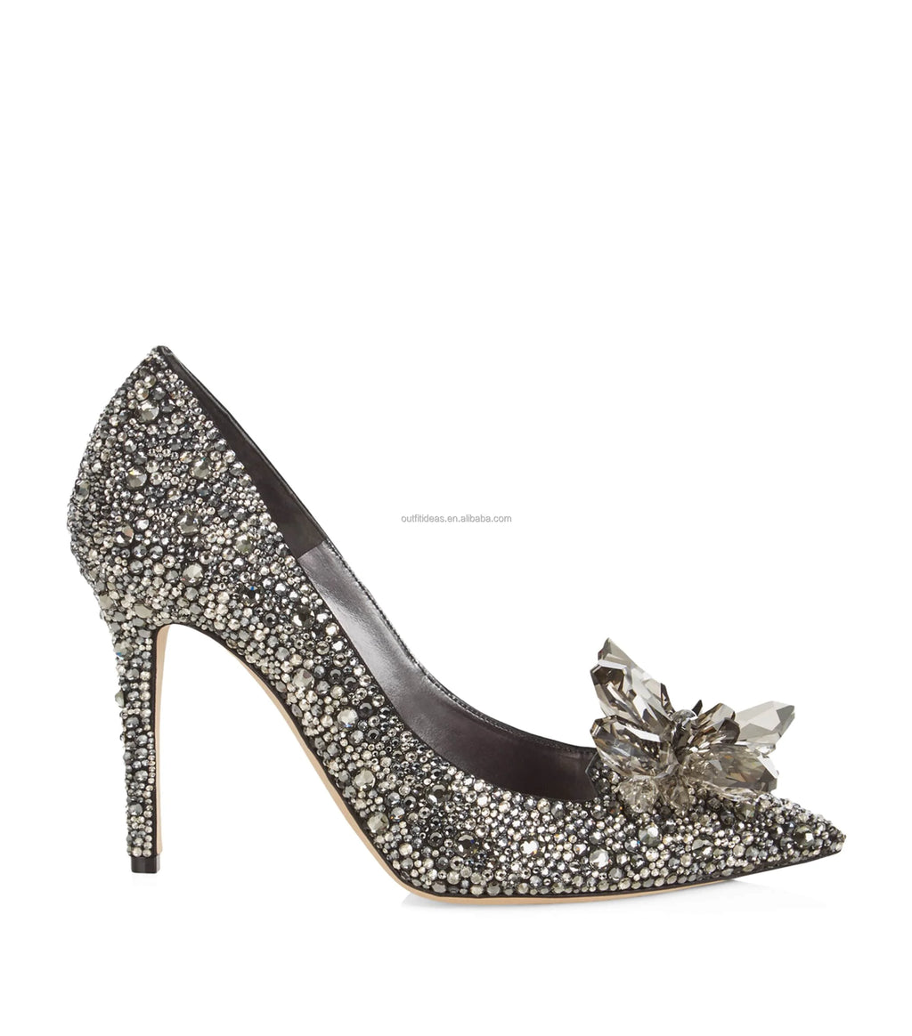 Handmade Embroidered Genuine Leather Sexy Designer Crystal Sandals Stiletto Wedding Shoes Silver Crystal Pointy Toe Bridal Pumps