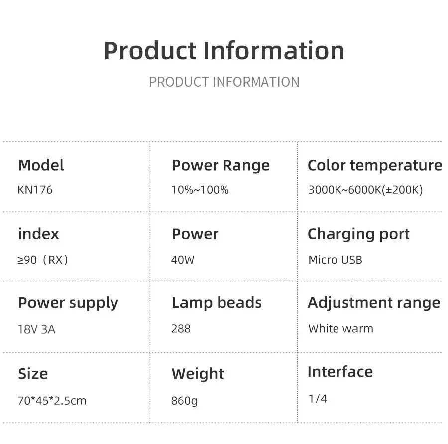 Technical specification table for model KN176 LED light, detailing power, color temperature, and physical dimensions.