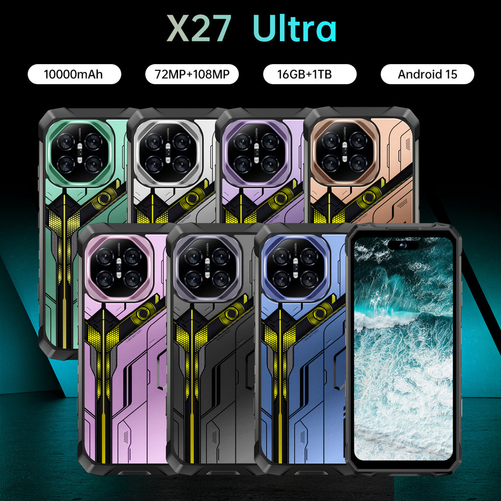 Tidesmit X27 Ultra 5G smartphone with 7.3 inch screen, 12GB RAM, 1TB storage, waterproof design, and NFC support.