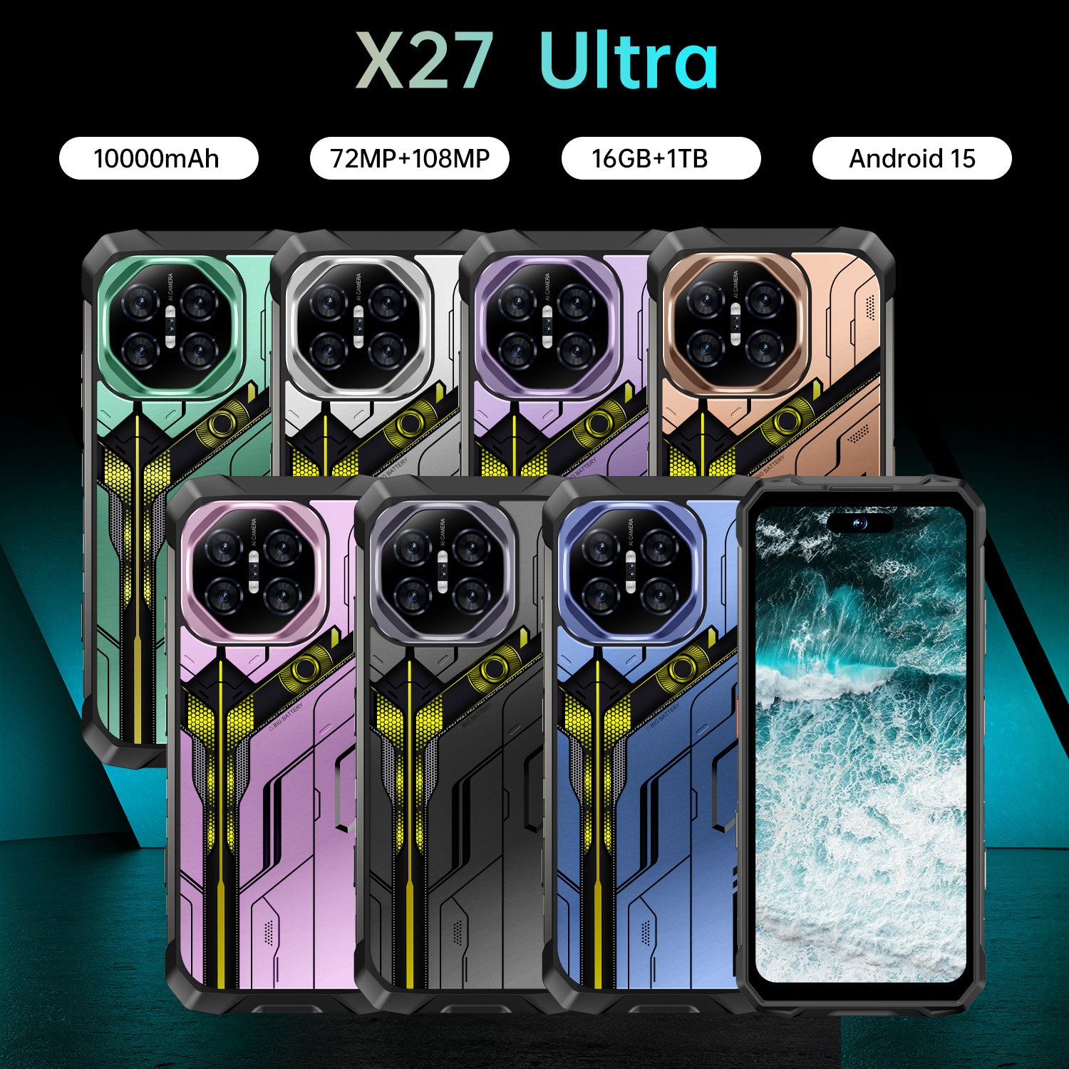 Tidesmit X27 Ultra 5G smartphone with 7.3 inch screen, 12GB RAM, 1TB storage, waterproof design, and NFC support.