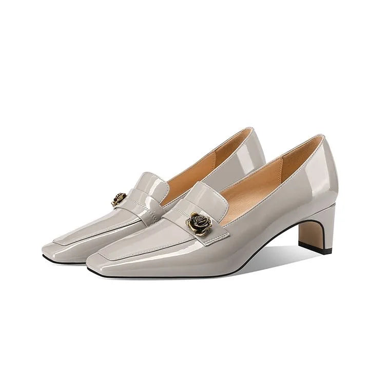 Ladies Genuine Leather Square Toe Block Heel Slip-On Formal Office Pumps with Height Increasing