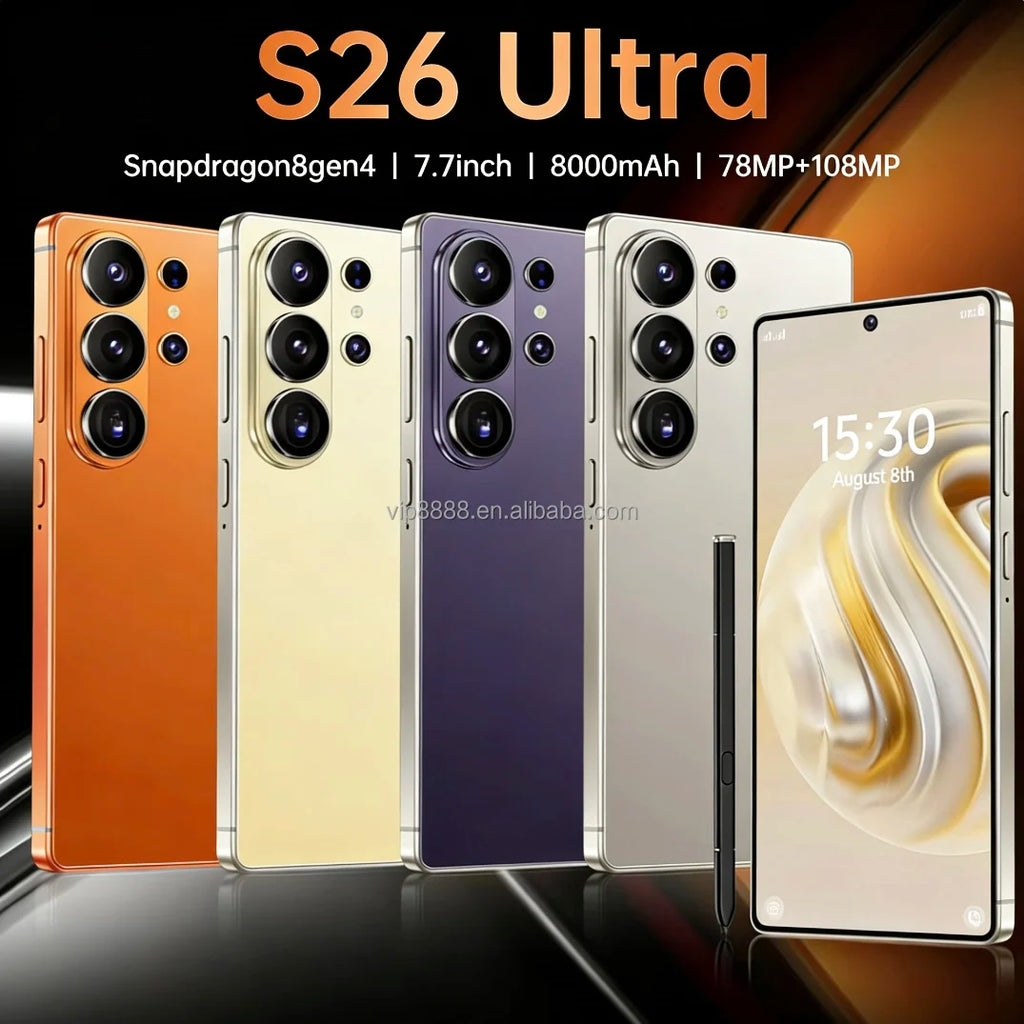 Tidesmit S26 Ultra 7.7 inch Android 15 5G smartphone with 2TB storage and S-Pen, sleek unlocked mobile device.