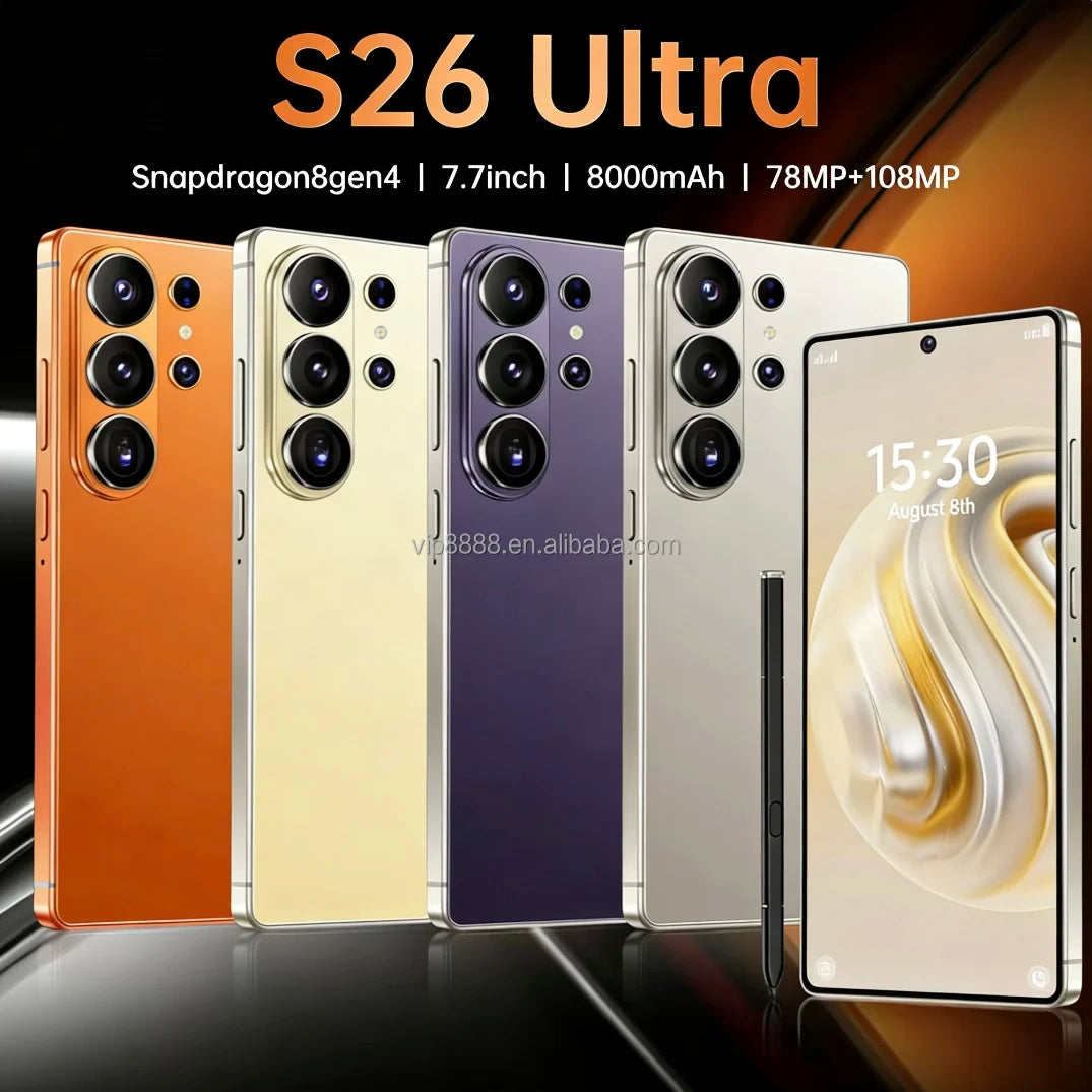 Tidesmit S26 Ultra 7.7 inch Android 15 5G smartphone with 2TB storage and S-Pen, sleek unlocked mobile device.