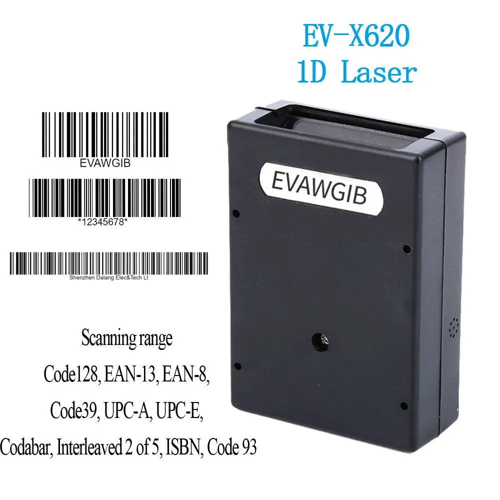 Black fixed 1D laser barcode scanner with front label and scanning window