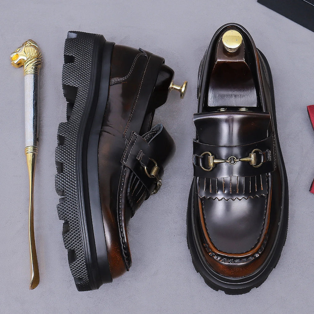 British Style Stylish Men's Genuine Cowhide Loafers Fashionable Casual Leather Shoes Thick-soled