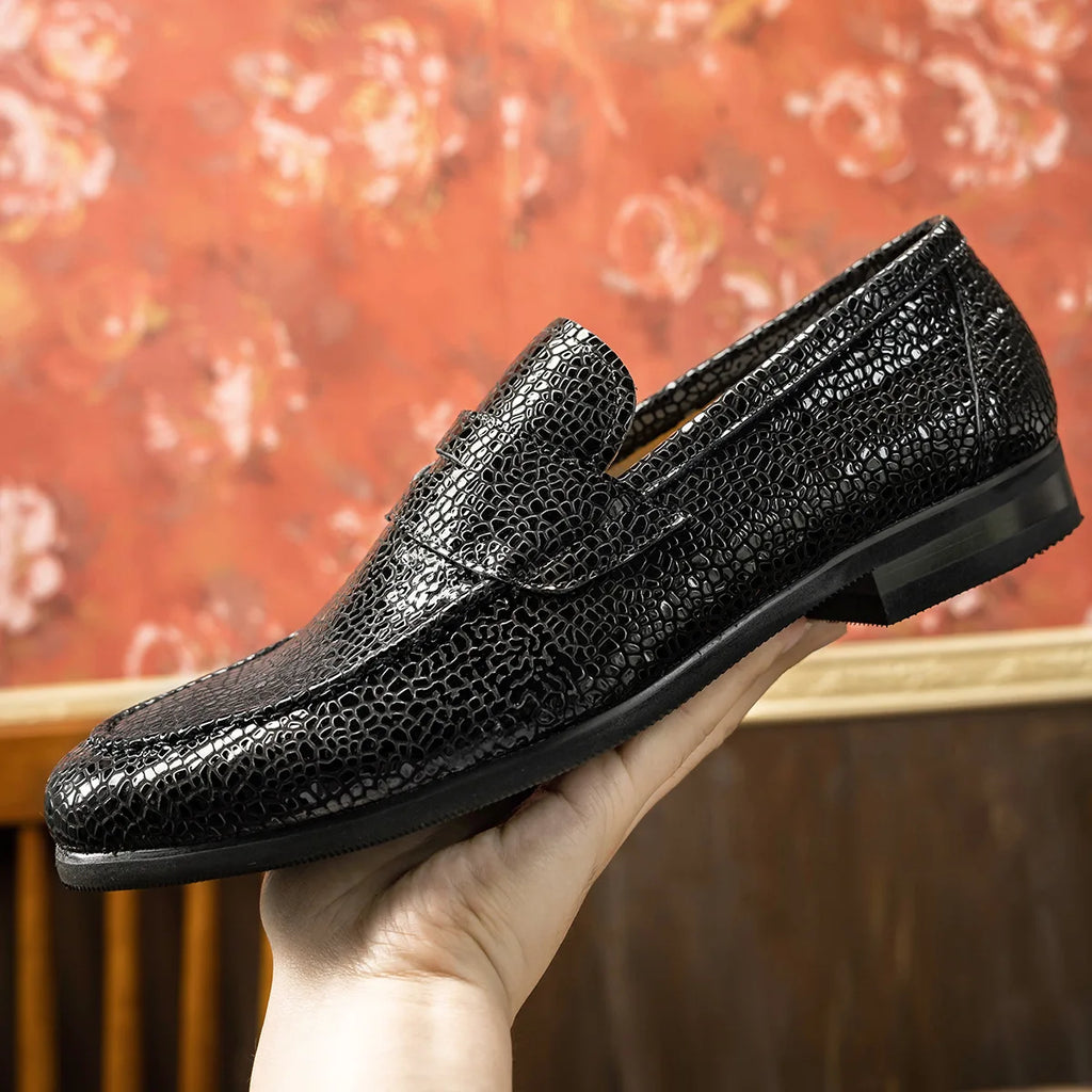 Men's Loafers Office Casual Shoes Slip-On Summer Cowhide Geometric Pattern Genuine Leather Upper Rubber Outsole