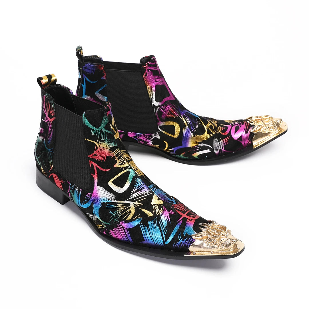NA948 Pattern Boots for Men Metal Decor Leather Western Men's Boots Street Style Man Shoes