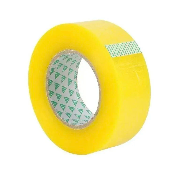 Yellow BOPP packing tape roll with patterned paper backing visible inside core.