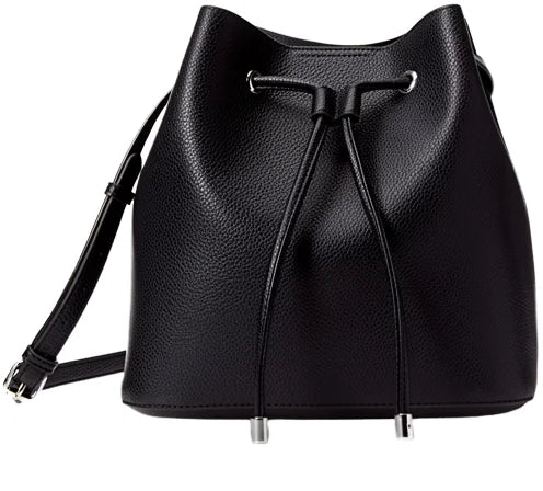 Black pebbled leather bucket bag with a drawstring closure, silver hardware, and an adjustable shoulder strap.