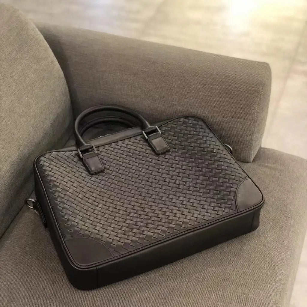 Luxury Hand-Woven Genuine Leather Briefcase Men Business Executive Laptop Bag 14 Inch Top Layer Cowhide Office Travel Handbag