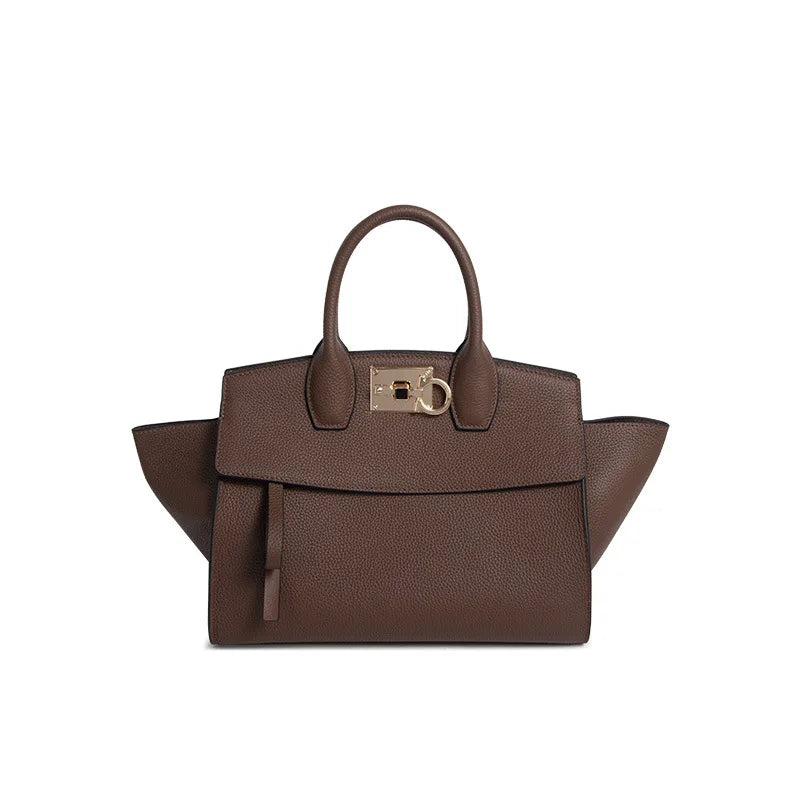 Brown genuine leather designer tote bag with top handle and gold-tone Gancini clasp hardware.
