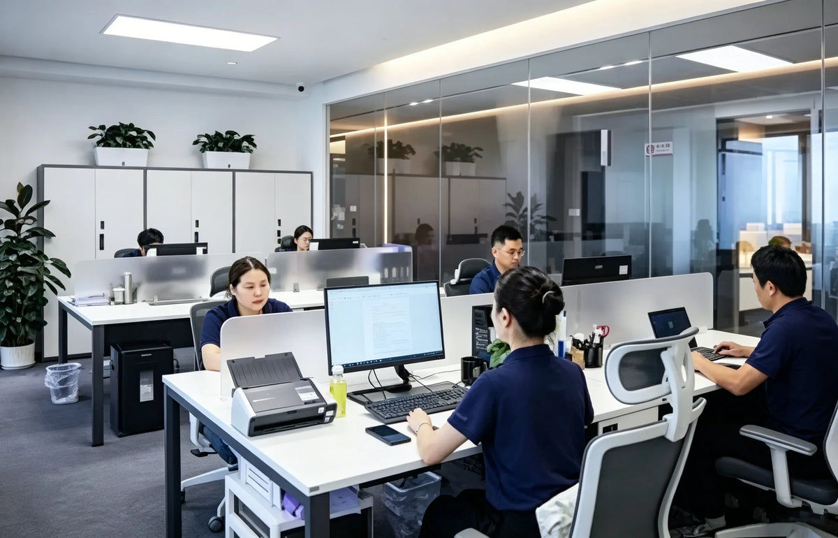 Open-plan office workspace with employees, desks, and computer stations