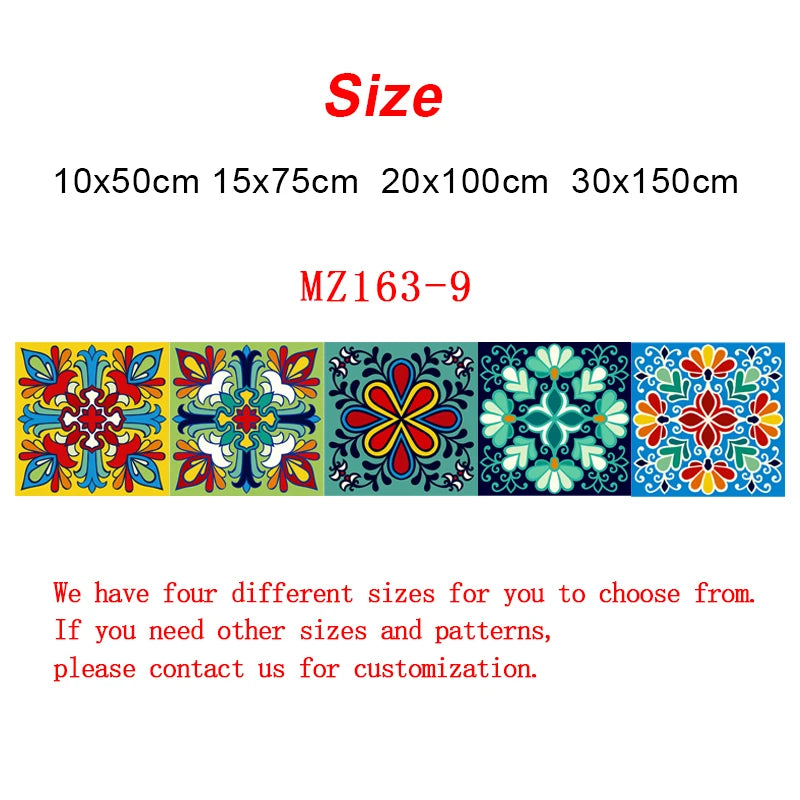 Colorful ceramic tile wall sticker set with floral medallion mosaic, blue and teal with red accents peel-and-stick PVC