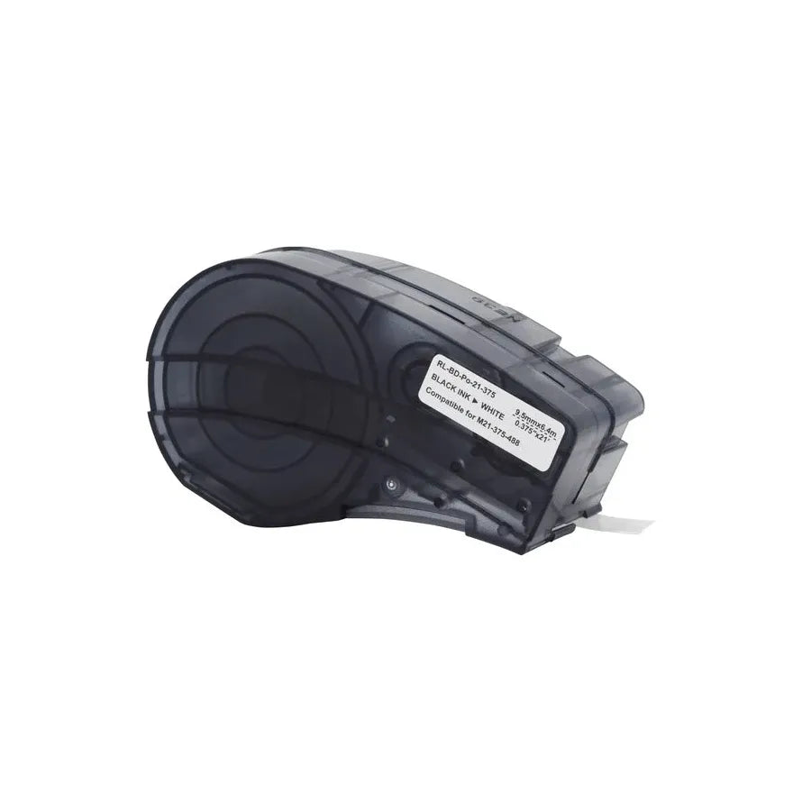 Black label printer cartridge with white label strip, solvent-resistant style