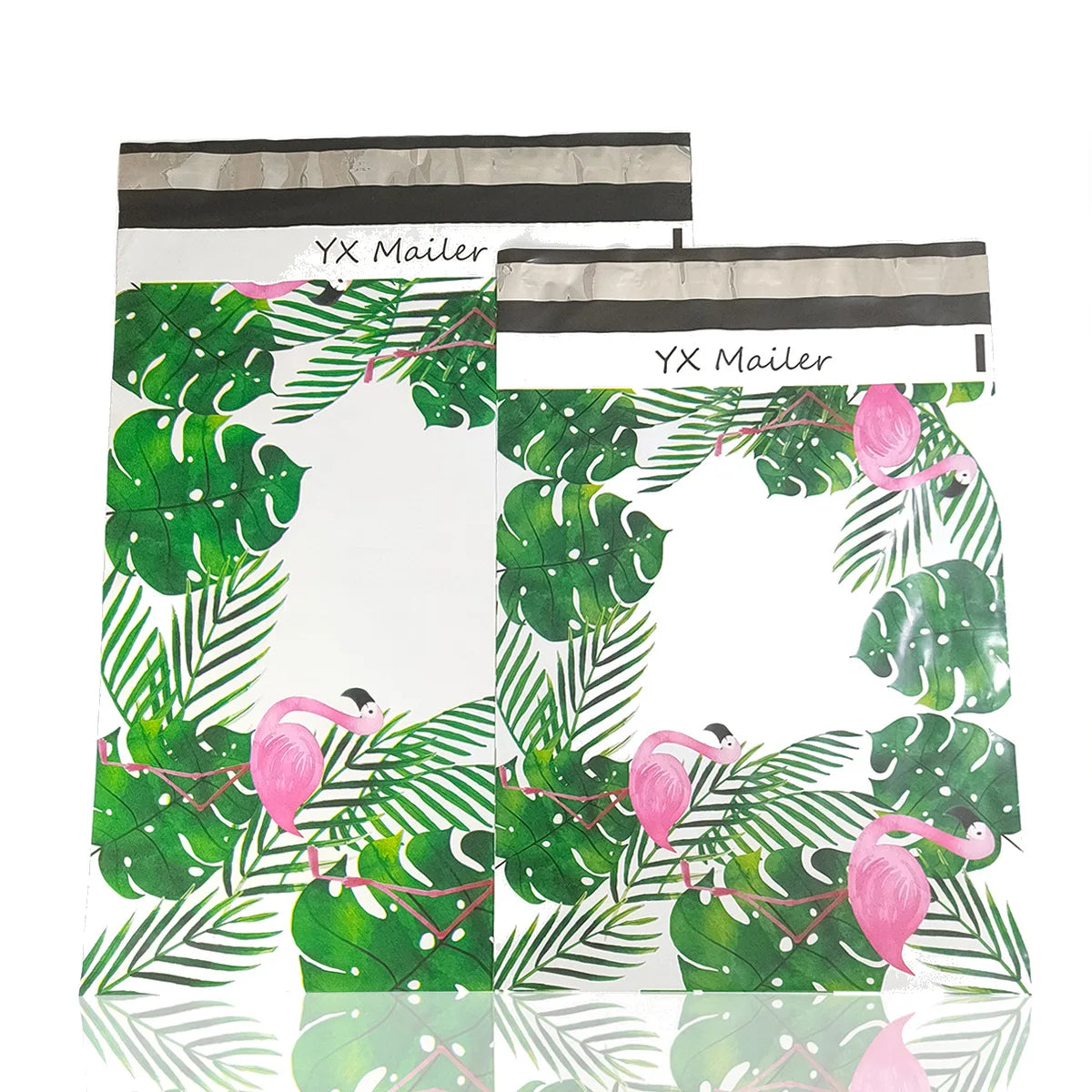 Green floral flamingo custom printed poly mailing bags with handle, two stacked