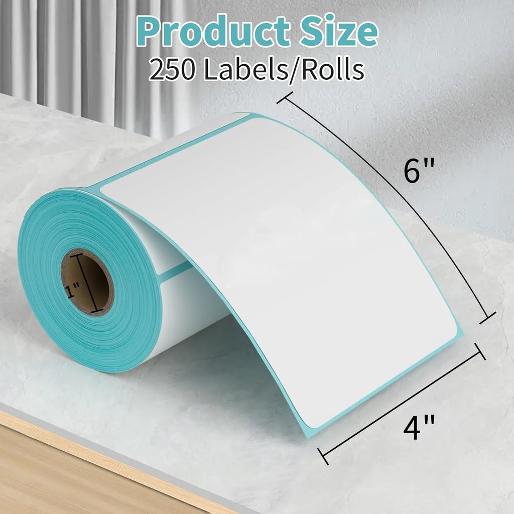 Sky blue direct thermal label roll with a white blank label sheet and roll core