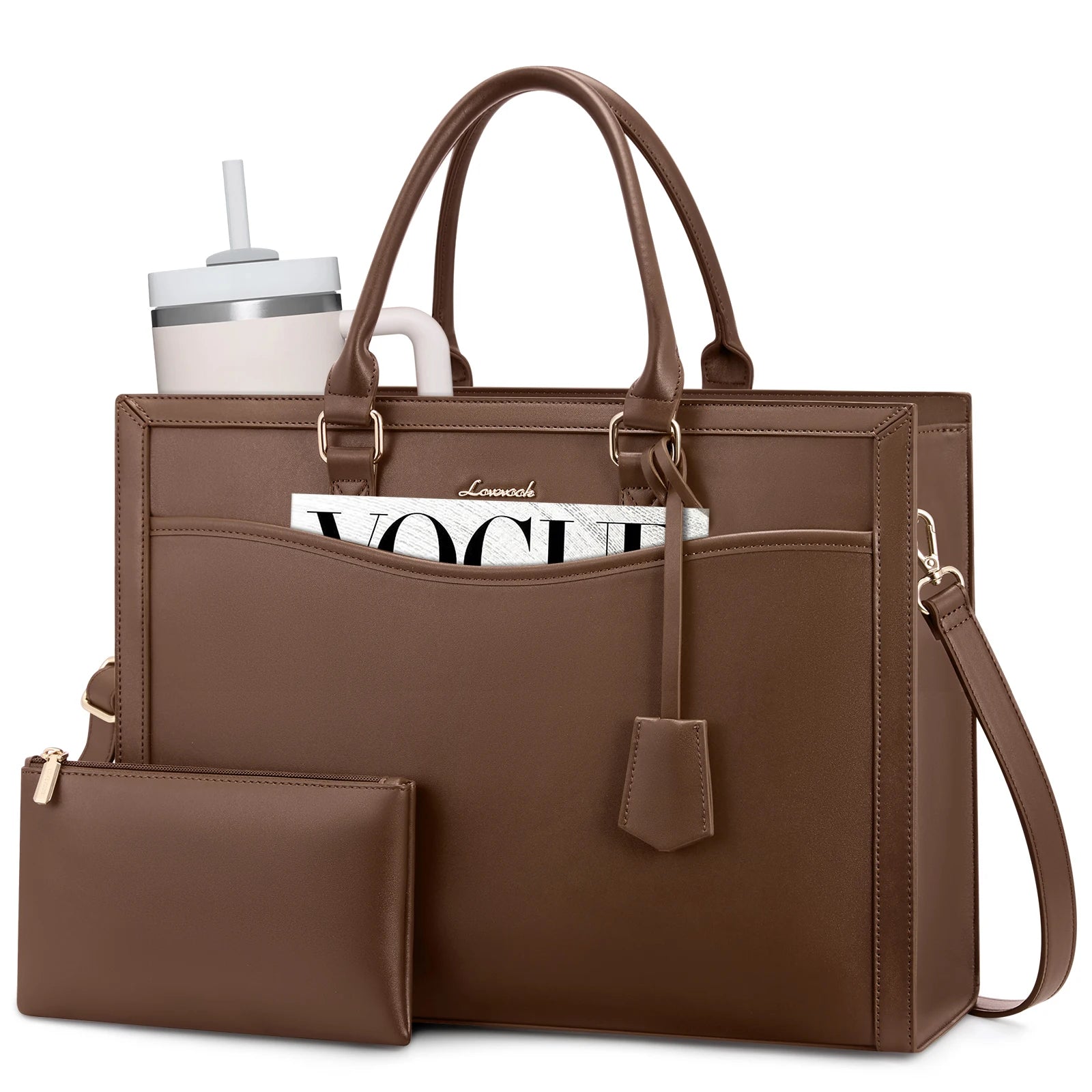 LOVEVOOK brown vegan leather designer laptop tote bag for women with matching clutch, perfect for office or travel.