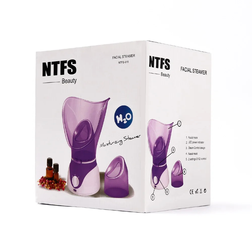 NTFS purple and white facial steamer box with face and nasal masks for home spa skin moisturizing and pore cleaning.