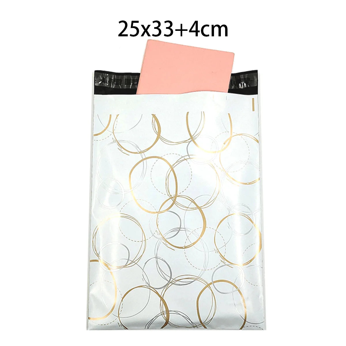 White plastic mailer with gold ring pattern and black sealed top strip.