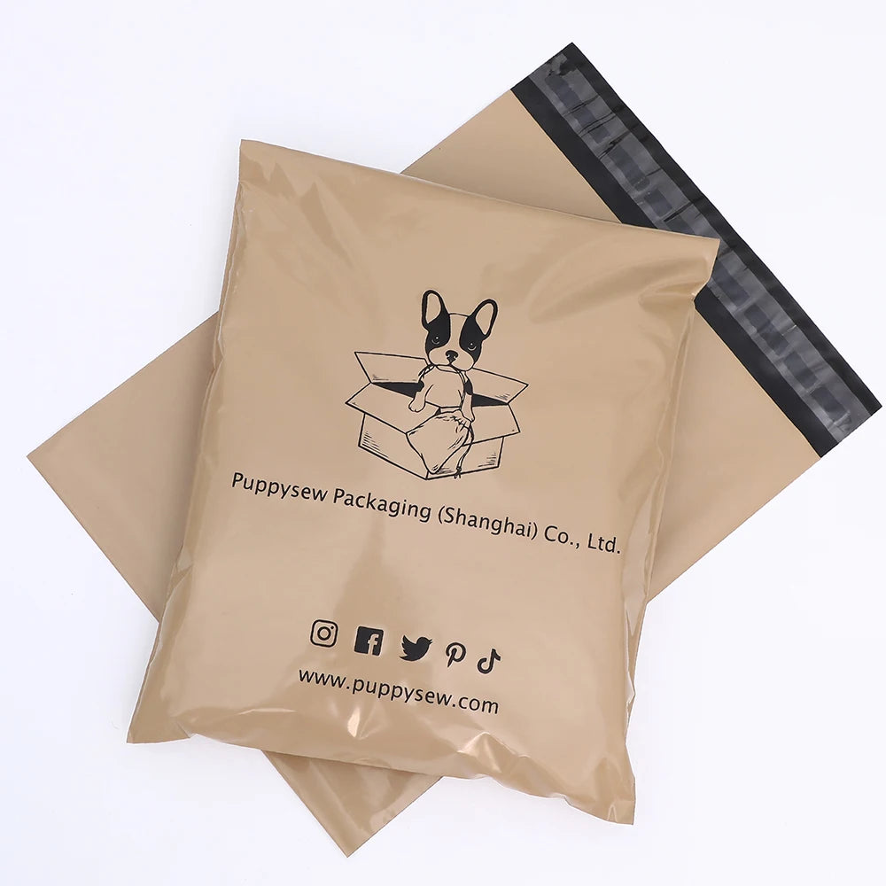 Brown poly mailer shipping bag with printed logo, social icons, and website