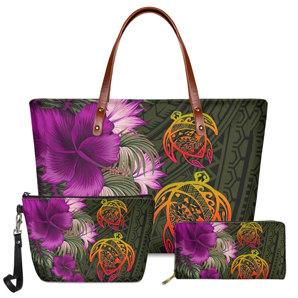 3-piece handbag set with olive Polynesian tribal turtle print, purple hibiscus flowers, and brown leather-style straps.