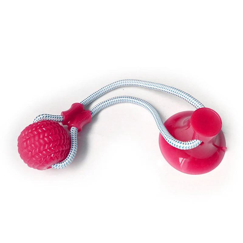 Pink TPR suction cup dog toy with chew ball and elastic rope for interactive dental cleaning and play.