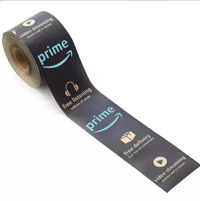 Black printed packing tape roll with prime text and free delivery icons