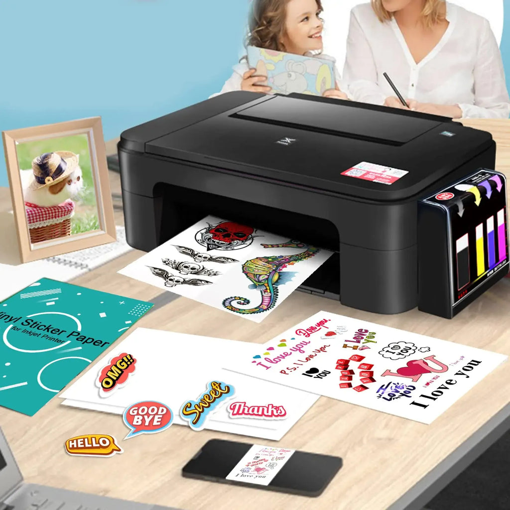 Matte white vinyl sticker paper sheets loaded in printer for inkjet printing